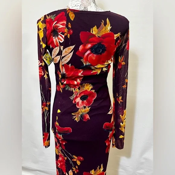 FUZZI Dark burgundy floral stretch midi dress size S/M.‎